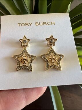 Tory Burch Gold Star Pave Logo T Drop Earrings